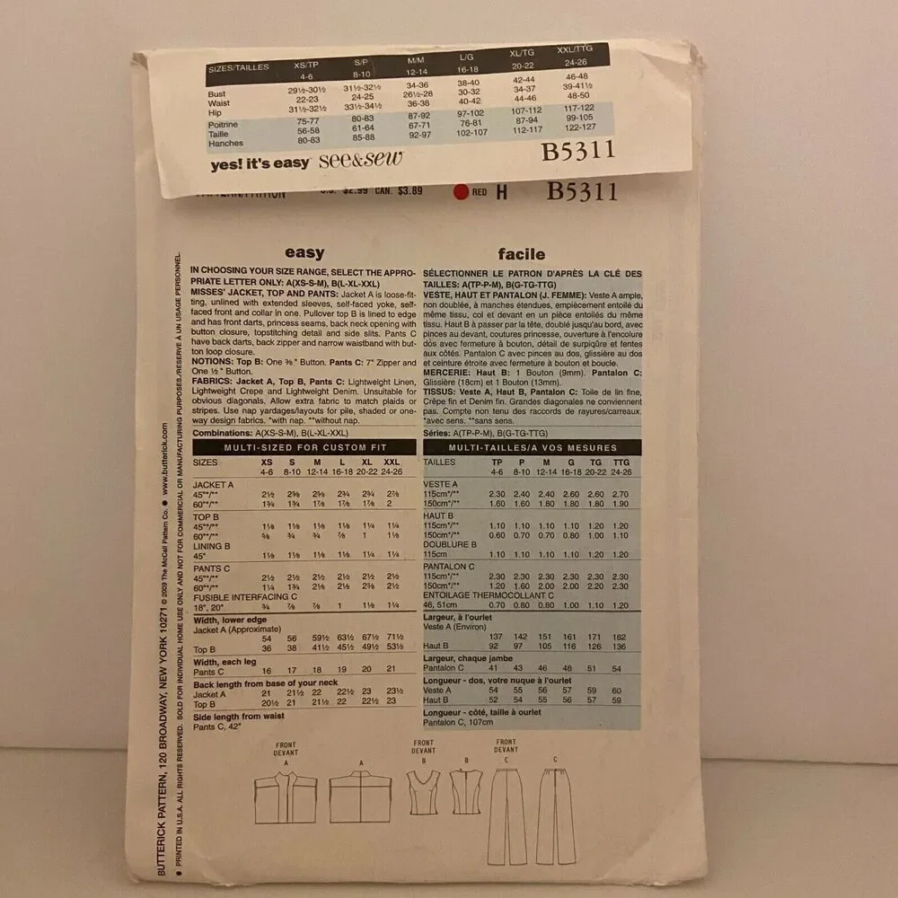 #B5311 See&Sew Misses Jacket Top and Pants Sewing Pattern Size XS-M
